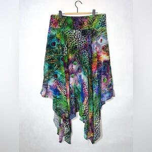 Boston Proper Asymmetrical Midi Peacock Leopard Skirt Purple Green Sz 14